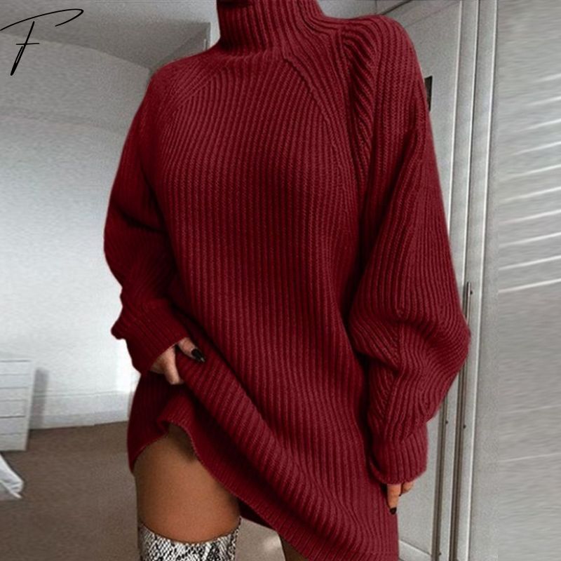 Haisley Donna Abito Maglione a Costine – Collo Alto, Maniche a Palloncino e Vestibilità Oversize