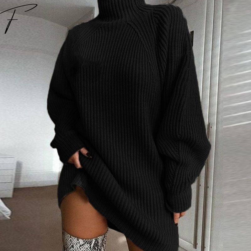 Haisley Donna Abito Maglione a Costine – Collo Alto, Maniche a Palloncino e Vestibilità Oversize