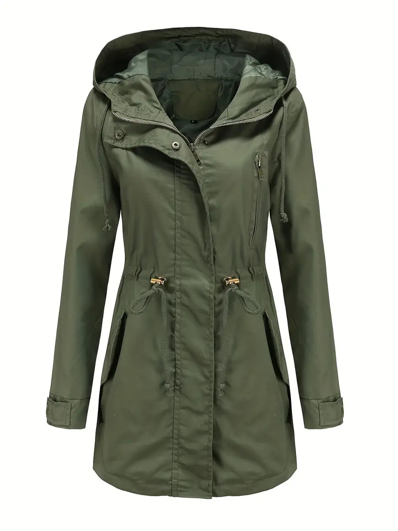 Long Women's Raincoat Jacket With Zipper | Long Sleeve