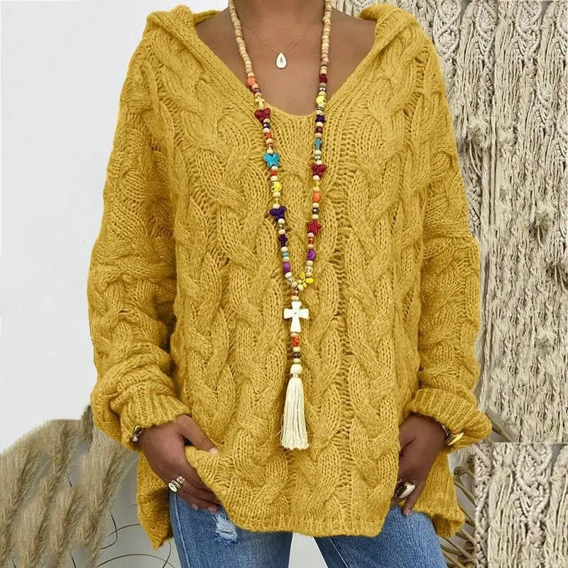 Martha Maglione Donna con Cappuccio – Pullover Invernale a Trecce Morbido Vestibilità Relax