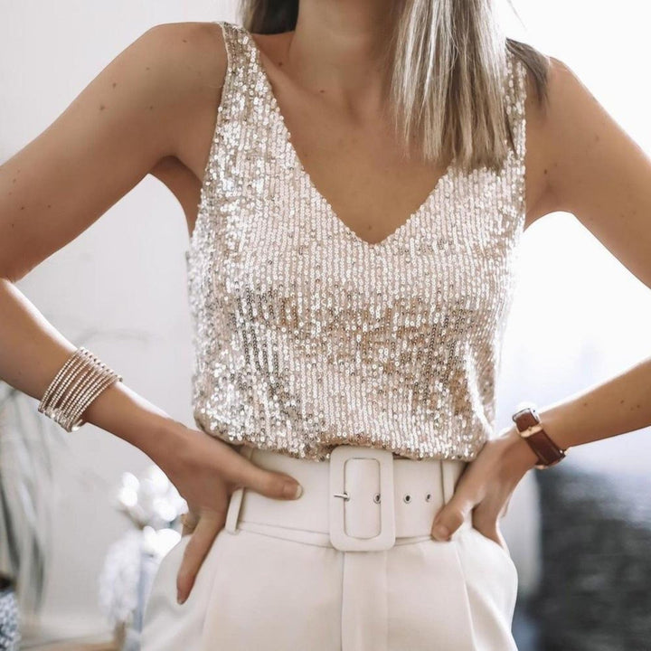 Top con escote en V y lentejuelas para mujer | sin mangas