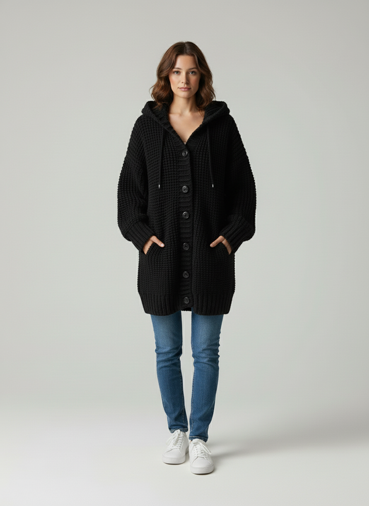 Esme Damen Oversize Cardigan – Grob gestrickter Pullover mit Kapuze und kontrastierenden Knöpfen