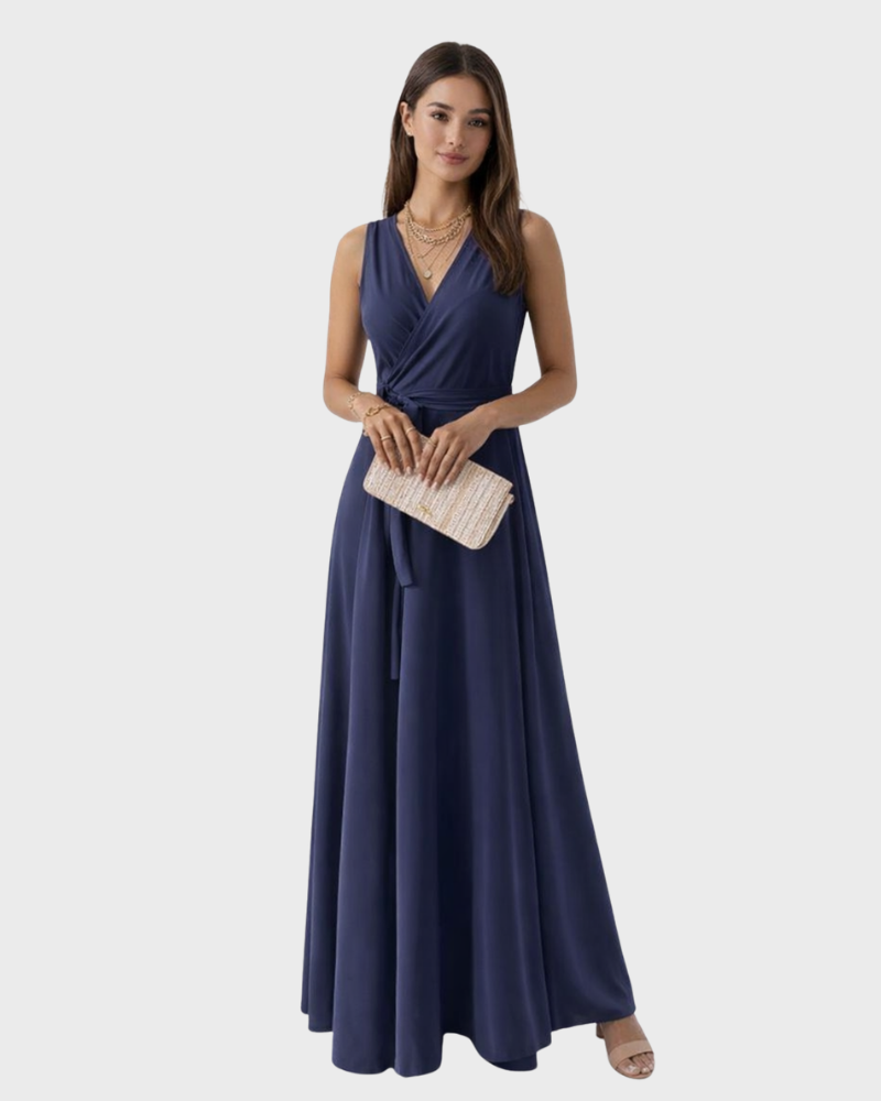 Peaches Damen Maxikleid Elegant – Kleid mit V-Ausschnitt und Gürtel mit Taillengürtel