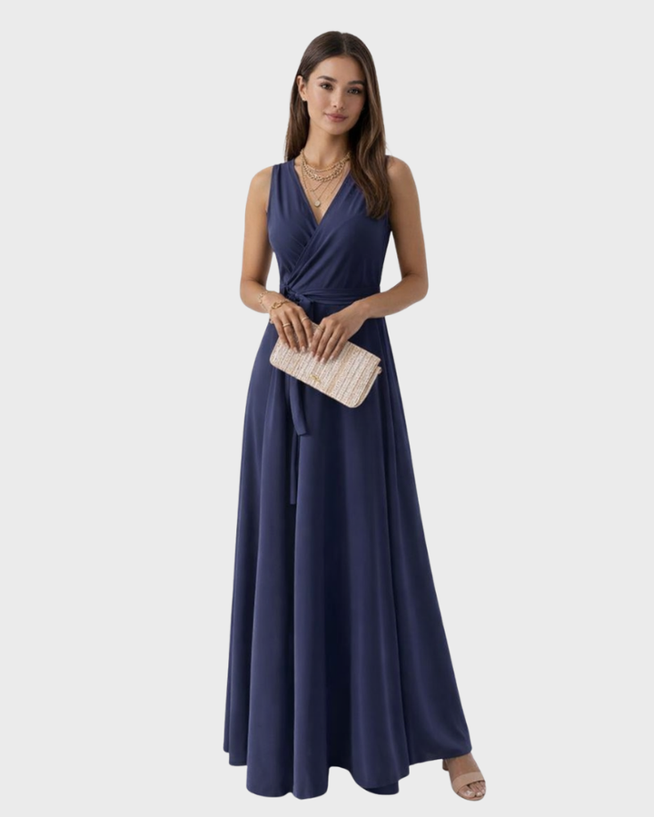 Peaches Damen Maxikleid Elegant – Kleid mit V-Ausschnitt und Gürtel mit Taillengürtel