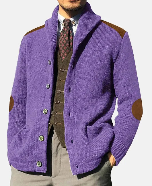 Monie Cardigan Uomo Classico – Maglia Elegante con Collo a Scialle e Dettagli in Suède