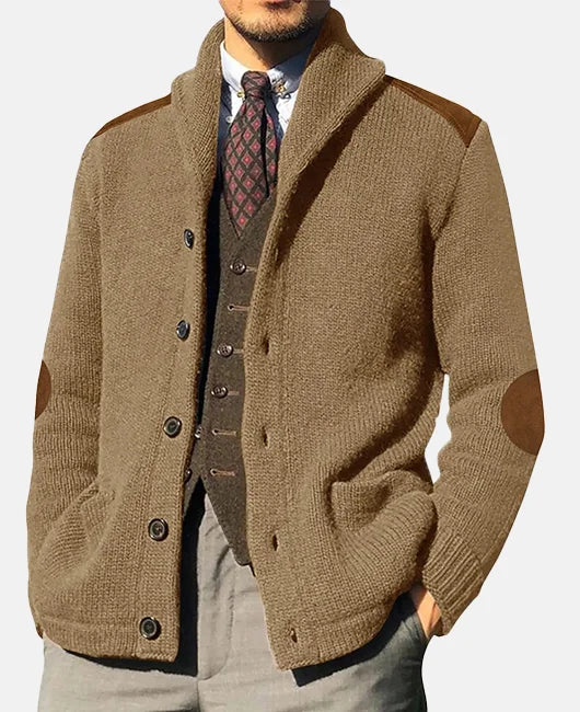 Monie Cardigan Uomo Classico – Maglia Elegante con Collo a Scialle e Dettagli in Suède