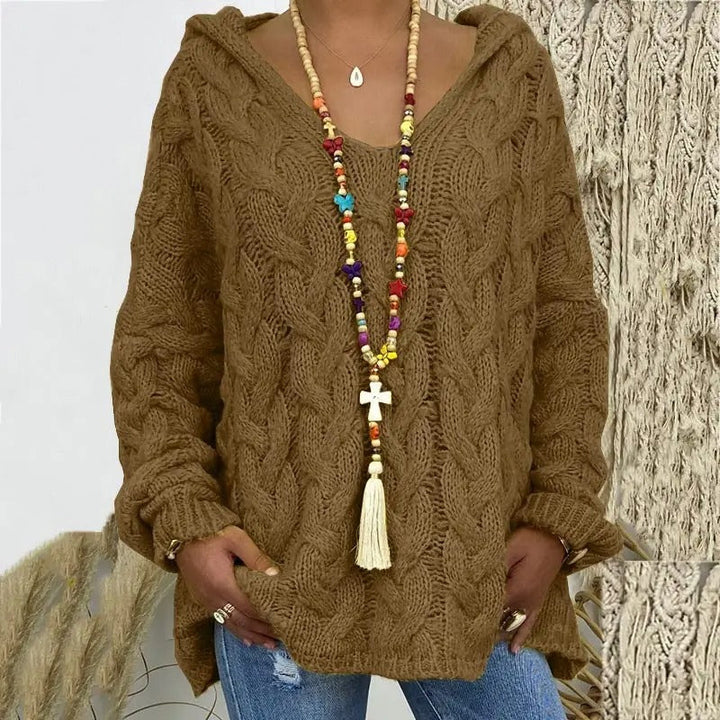 Martha Maglione Donna con Cappuccio – Pullover Invernale a Trecce Morbido Vestibilità Relax