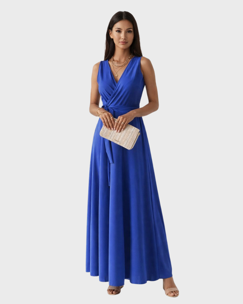 Peaches Damen Maxikleid Elegant – Kleid mit V-Ausschnitt und Gürtel mit Taillengürtel