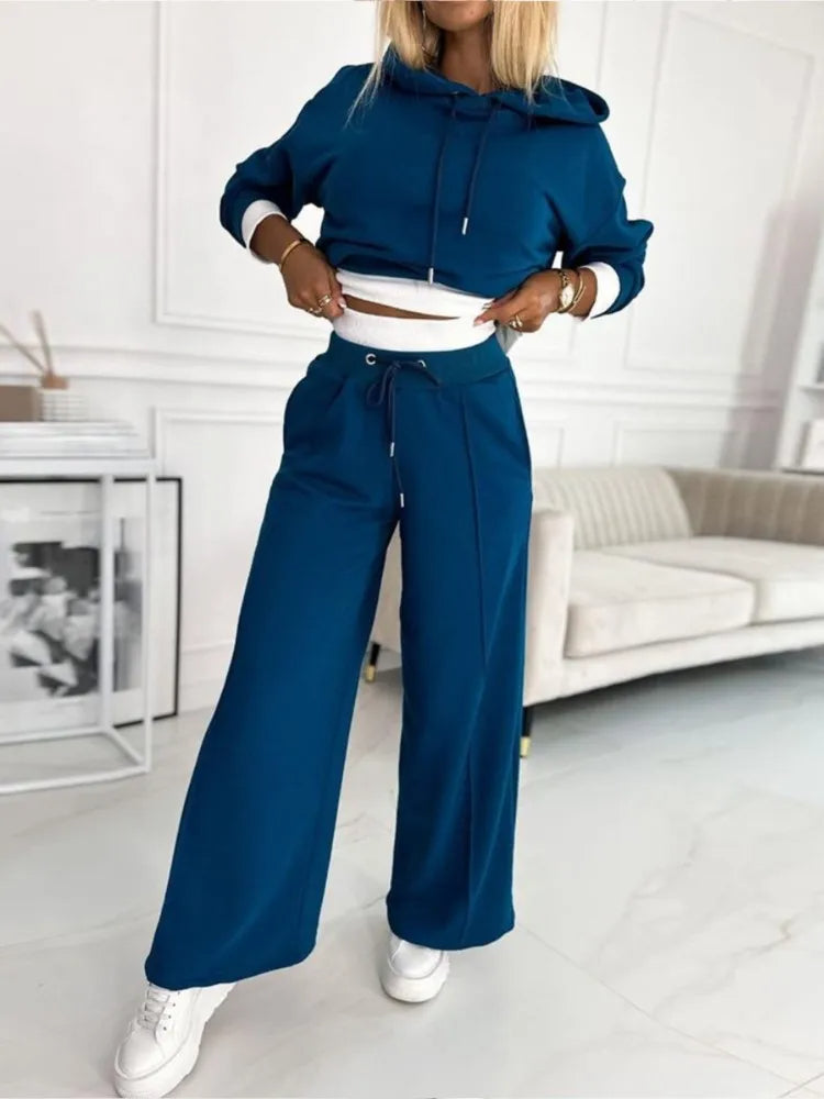 Set top și pantaloni cu picior larg pentru femei | Cu glugă