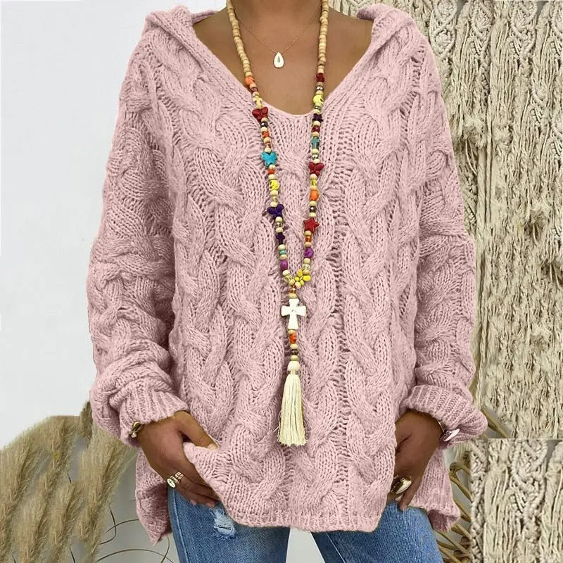 Martha Maglione Donna con Cappuccio – Pullover Invernale a Trecce Morbido Vestibilità Relax