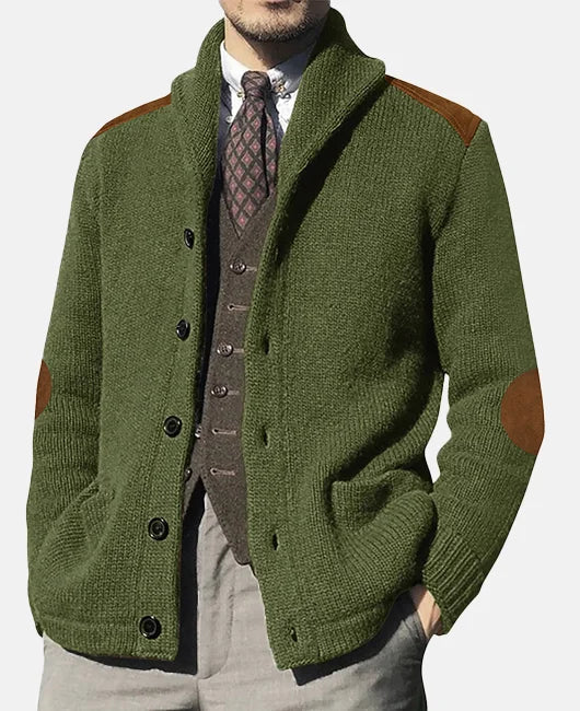 Monie Cardigan Uomo Classico – Maglia Elegante con Collo a Scialle e Dettagli in Suède