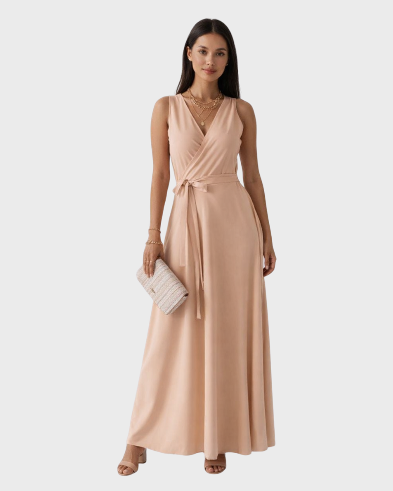 Peaches Damen Maxikleid Elegant – Kleid mit V-Ausschnitt und Gürtel mit Taillengürtel