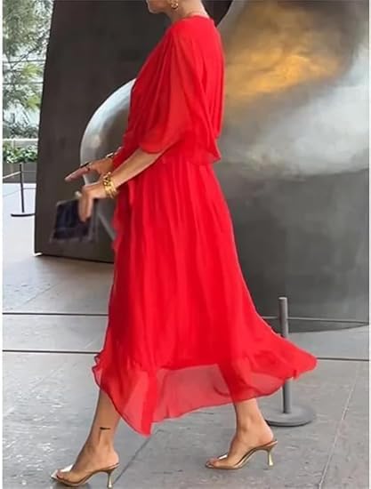 Meryl Vestito Maxi Donna – Chiffon Plissettato, Scollo V & Maniche Pipistrello Eleganti