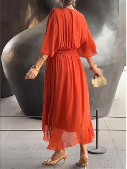 Meryl Vestito Maxi Donna – Chiffon Plissettato, Scollo V & Maniche Pipistrello Eleganti