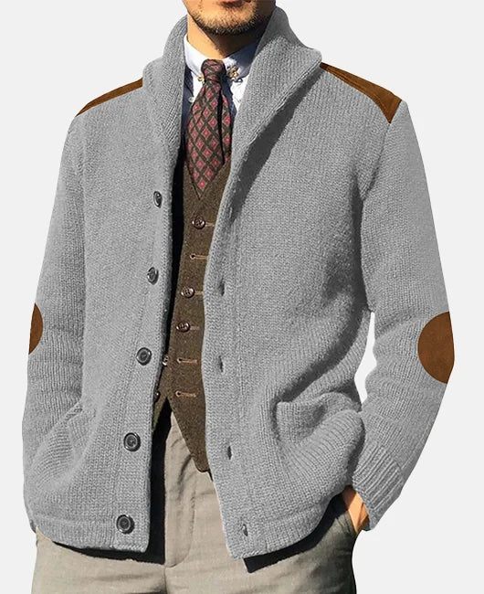 Monie Cardigan Uomo Classico – Maglia Elegante con Collo a Scialle e Dettagli in Suède