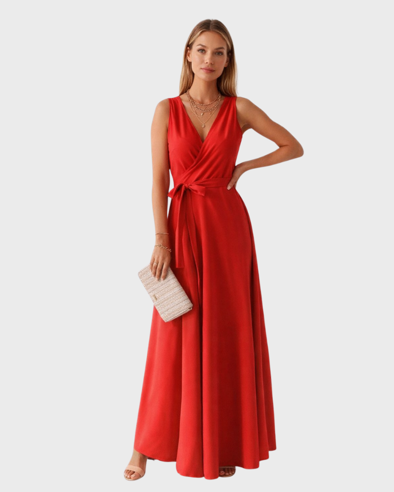 Peaches Damen Maxikleid Elegant – Kleid mit V-Ausschnitt und Gürtel mit Taillengürtel