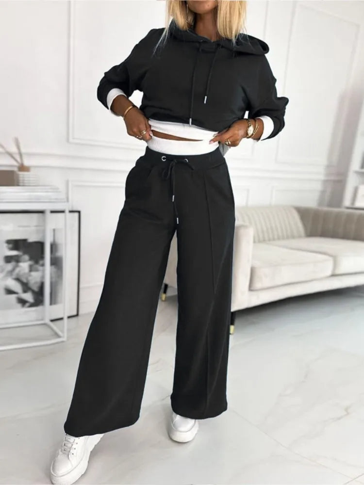 Set top și pantaloni cu picior larg pentru femei | Cu glugă