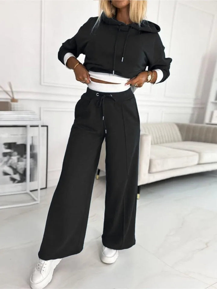 Set top și pantaloni cu picior larg pentru femei | Cu glugă