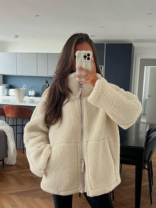 Maya Giacca Teddy Dame – Blød og Varm Jakke med Lynlås, Lommer og Komfortabel Pasform