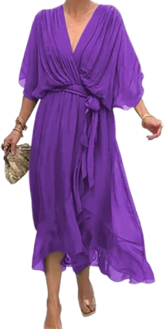 Meryl Vestito Maxi Donna – Chiffon Plissettato, Scollo V & Maniche Pipistrello Eleganti