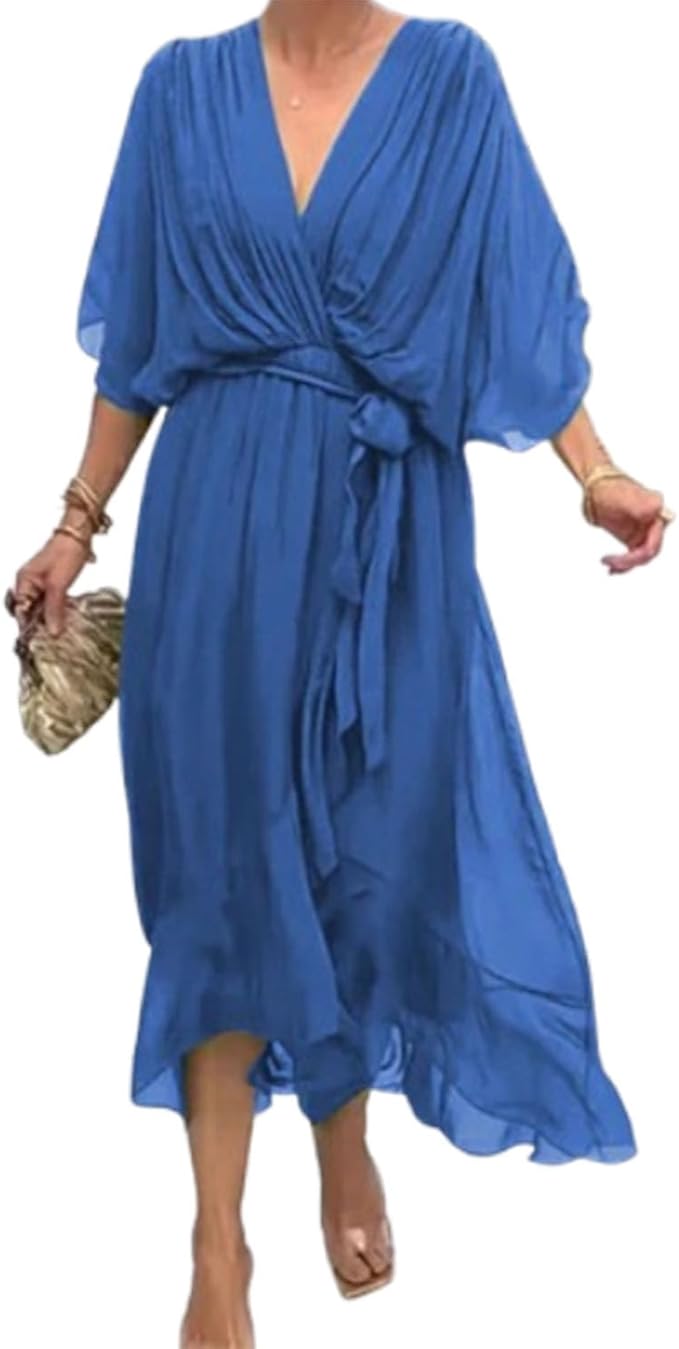 Meryl Vestito Maxi Donna – Chiffon Plissettato, Scollo V & Maniche Pipistrello Eleganti