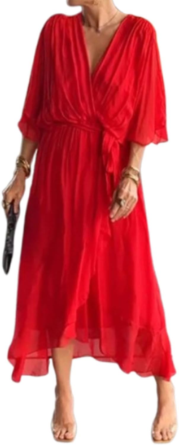 Meryl Vestito Maxi Donna – Chiffon Plissettato, Scollo V & Maniche Pipistrello Eleganti