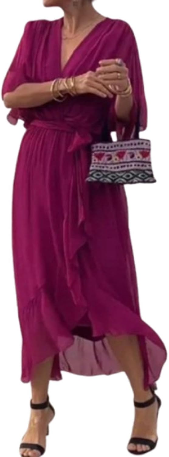 Meryl Vestito Maxi Donna – Chiffon Plissettato, Scollo V & Maniche Pipistrello Eleganti