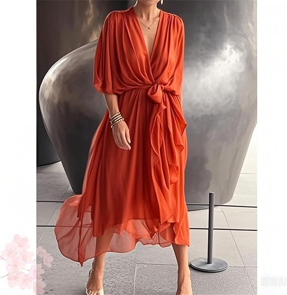 Meryl Vestito Maxi Donna – Chiffon Plissettato, Scollo V & Maniche Pipistrello Eleganti