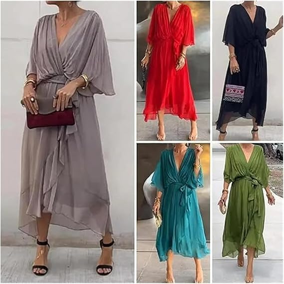 Meryl Vestito Maxi Donna – Chiffon Plissettato, Scollo V & Maniche Pipistrello Eleganti