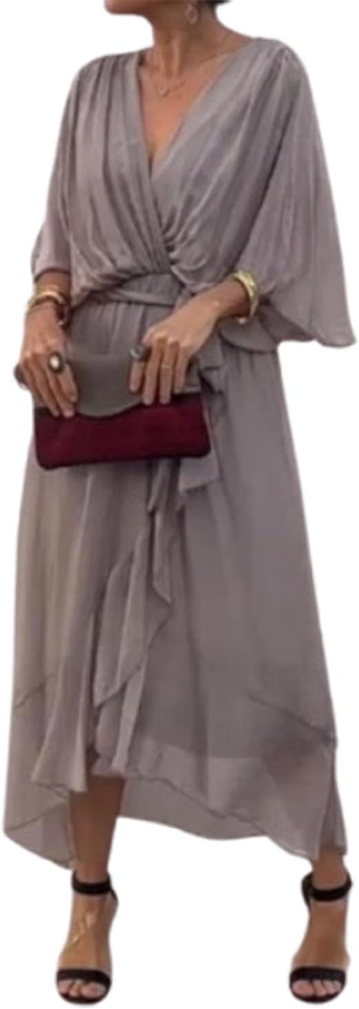 Meryl Vestito Maxi Donna – Chiffon Plissettato, Scollo V & Maniche Pipistrello Eleganti