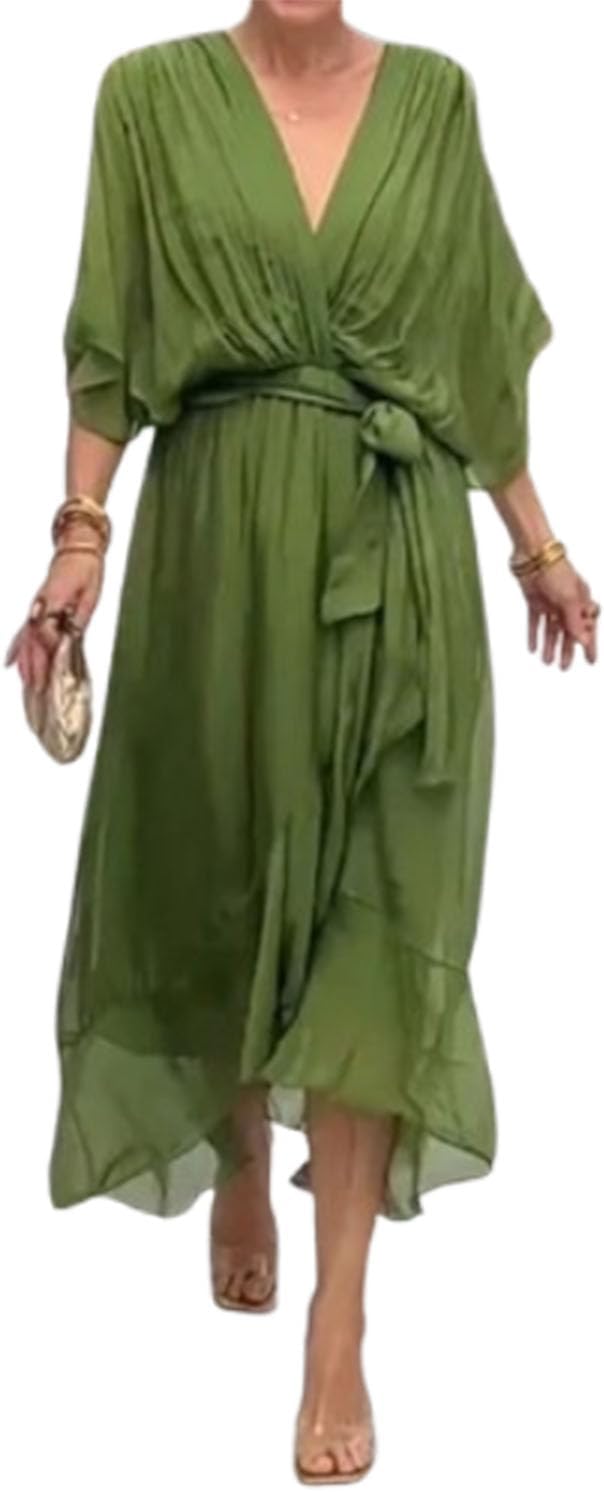 Meryl Vestito Maxi Donna – Chiffon Plissettato, Scollo V & Maniche Pipistrello Eleganti