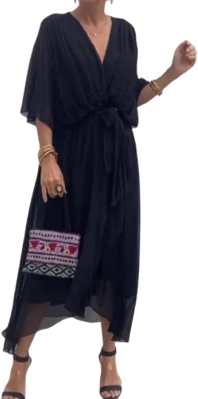 Meryl Vestito Maxi Donna – Chiffon Plissettato, Scollo V & Maniche Pipistrello Eleganti