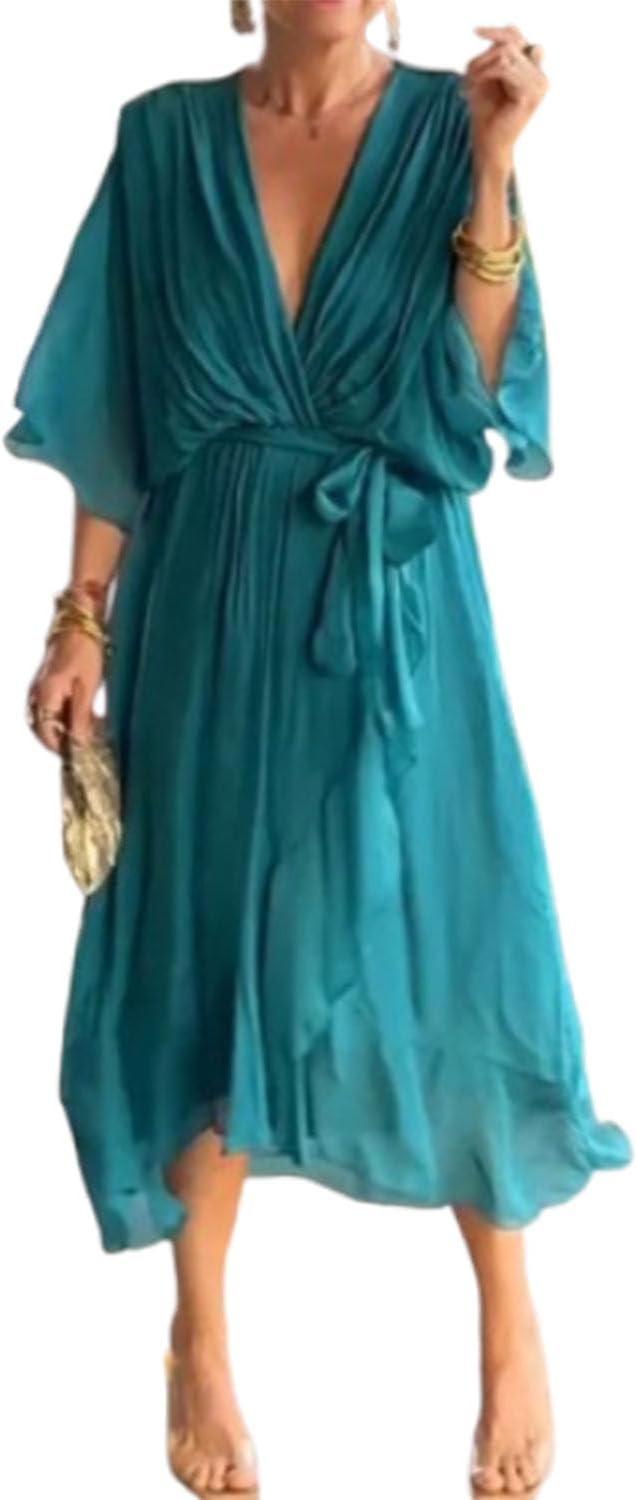 Meryl Vestito Maxi Donna – Chiffon Plissettato, Scollo V & Maniche Pipistrello Eleganti