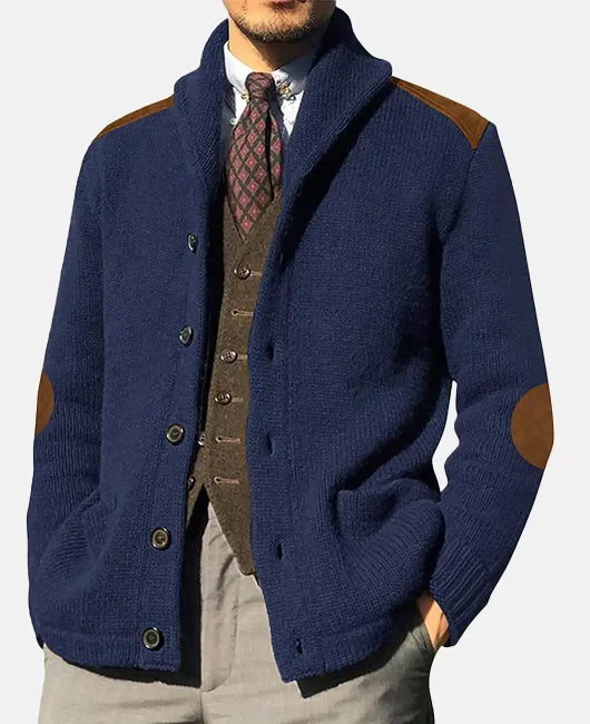 Monie Cardigan Uomo Classico – Maglia Elegante con Collo a Scialle e Dettagli in Suède