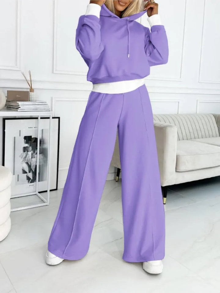 Set top și pantaloni cu picior larg pentru femei | Cu glugă