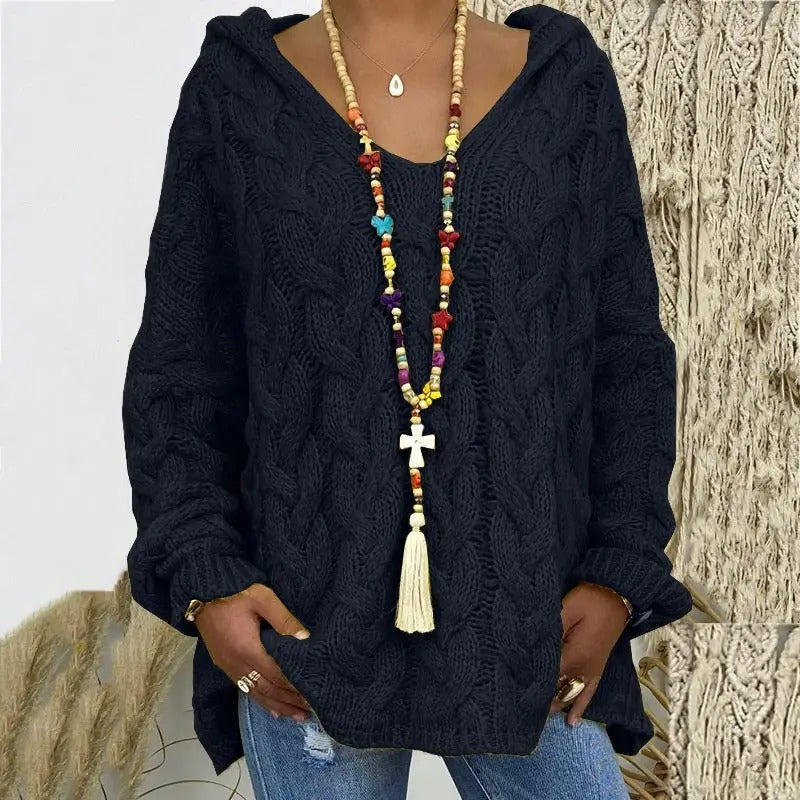 Martha Maglione Donna con Cappuccio – Pullover Invernale a Trecce Morbido Vestibilità Relax