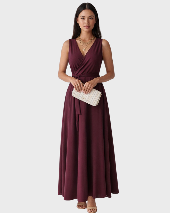 Peaches Damen Maxikleid Elegant – Kleid mit V-Ausschnitt und Gürtel mit Taillengürtel