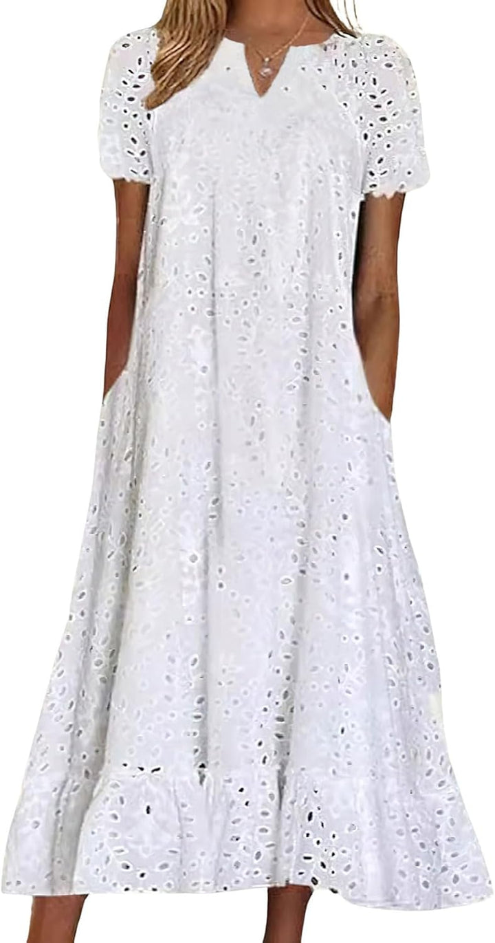 Bianca Vestito Midi Donna – Pizzo Sangallo Floreale, Scollo a V & A-Line con Tasche