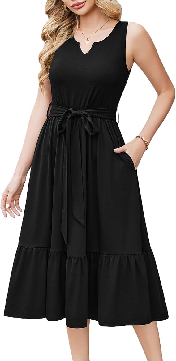 Remy Vestito Midi Damen – V-Ausschnitt, Ärmellos & A-Linie mit eleganten Taschen