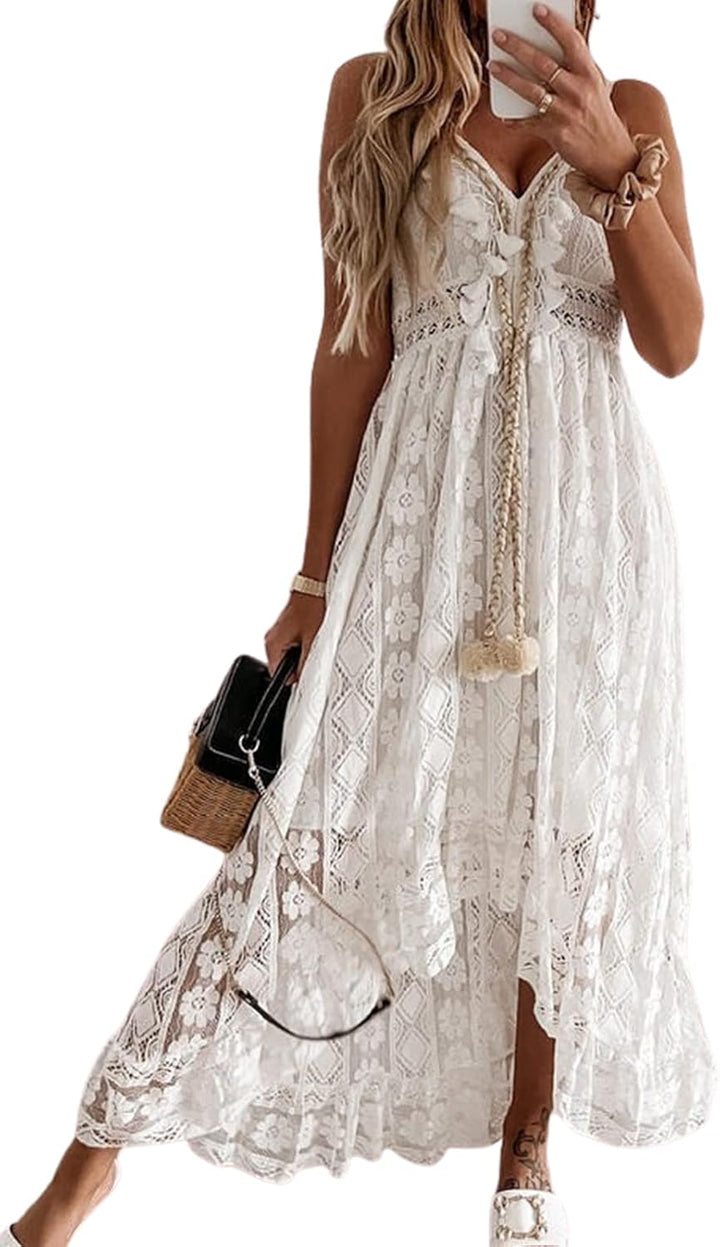 Dream Φόρεμα Maxi Γυναικείο – V Λαιμόκοψη, Δέσιμο & Boho Σχέδιο με Κομψές Βολάν