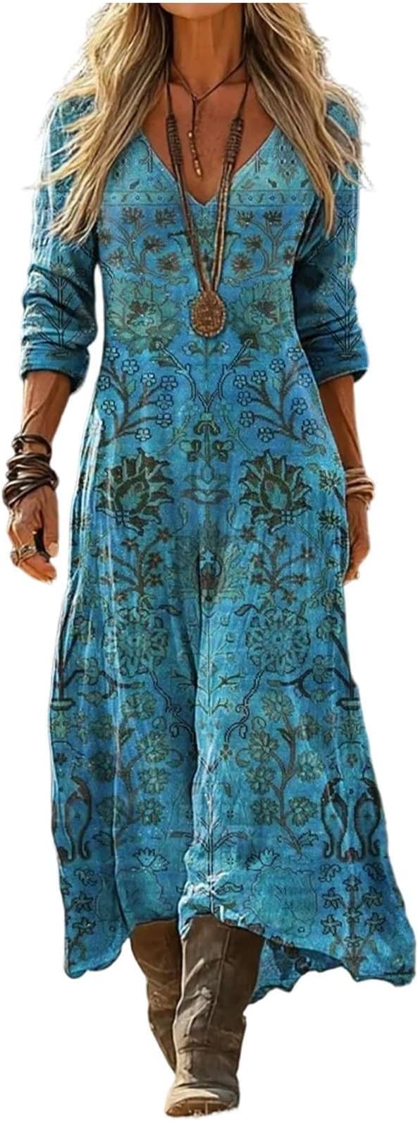 Alora Maxi šaty pro ženy – len a bavlna, výstřih do V a etnický vintage boho potisk