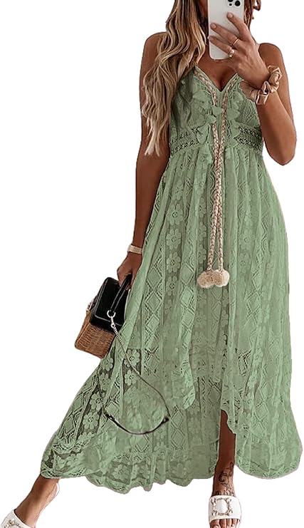 Dream Φόρεμα Maxi Γυναικείο – V Λαιμόκοψη, Δέσιμο & Boho Σχέδιο με Κομψές Βολάν