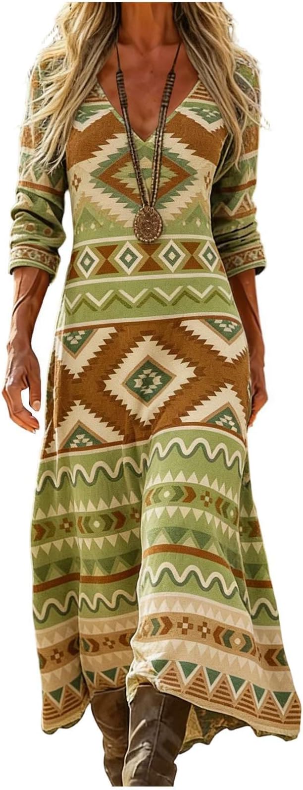 Alora Maxi šaty pro ženy – len a bavlna, výstřih do V a etnický vintage boho potisk