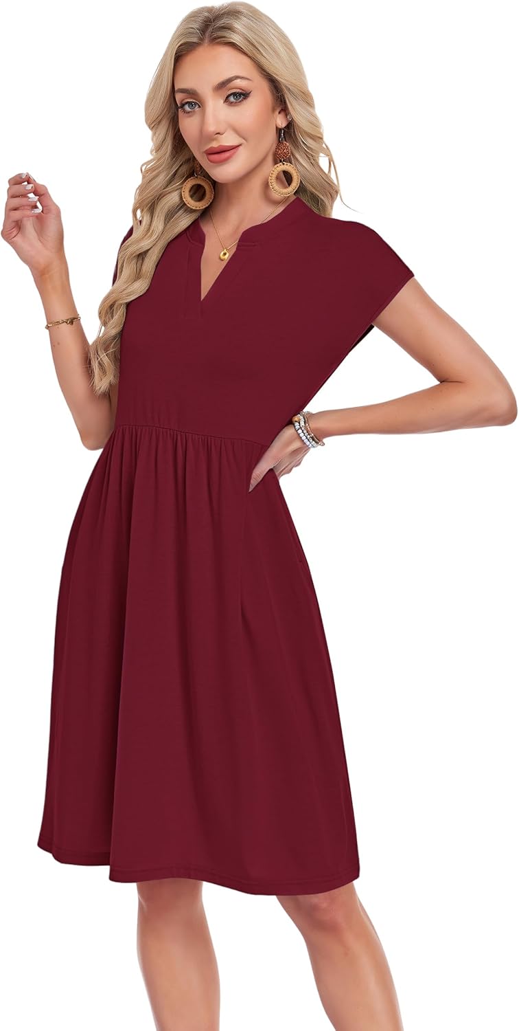 Lyra Vestito Midi Donna – Výstřih do V, Plisovaný a Kapsy, Elegantní Casual Styl