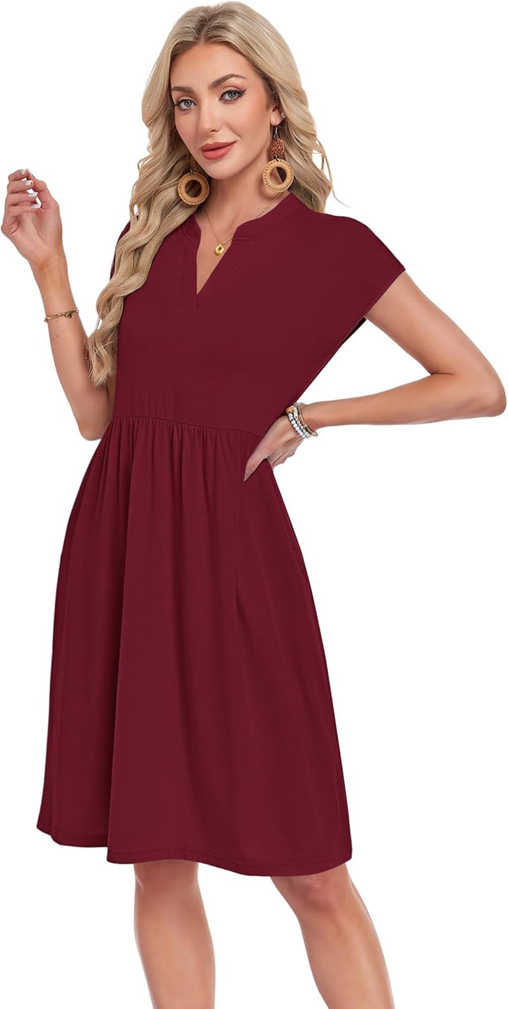 Lyra Vestito Midi Donna – Výstřih do V, Plisovaný a Kapsy, Elegantní Casual Styl