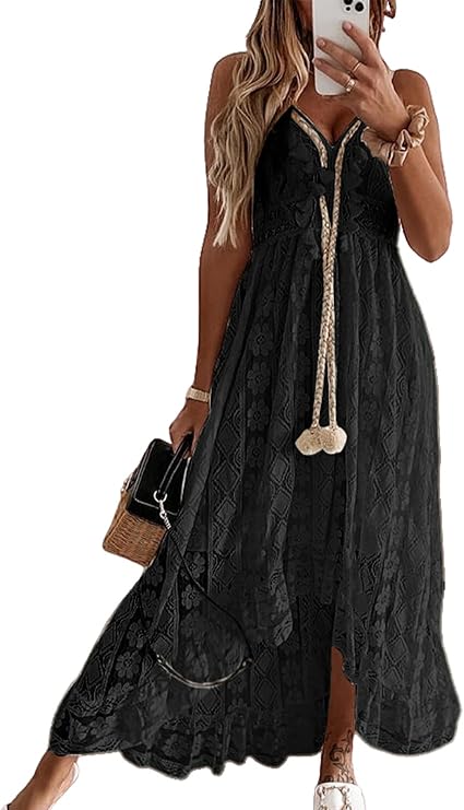 Dream Φόρεμα Maxi Γυναικείο – V Λαιμόκοψη, Δέσιμο & Boho Σχέδιο με Κομψές Βολάν