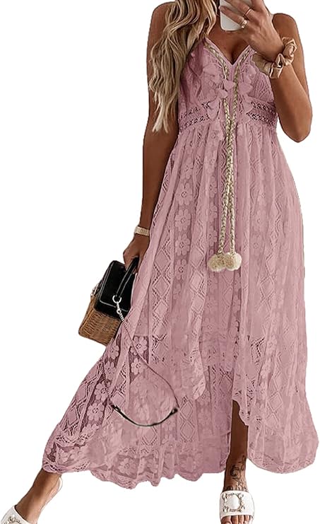Dream Φόρεμα Maxi Γυναικείο – V Λαιμόκοψη, Δέσιμο & Boho Σχέδιο με Κομψές Βολάν
