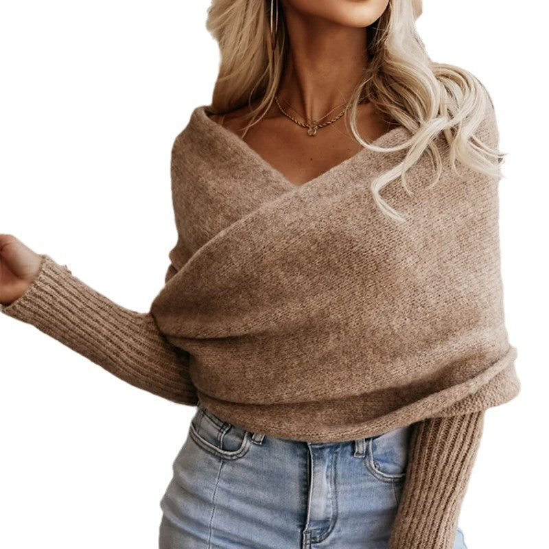 Hazel Maglione Damen Off-Shoulder – Weicher Umschlagpullover mit eleganten Rippstrickärmeln