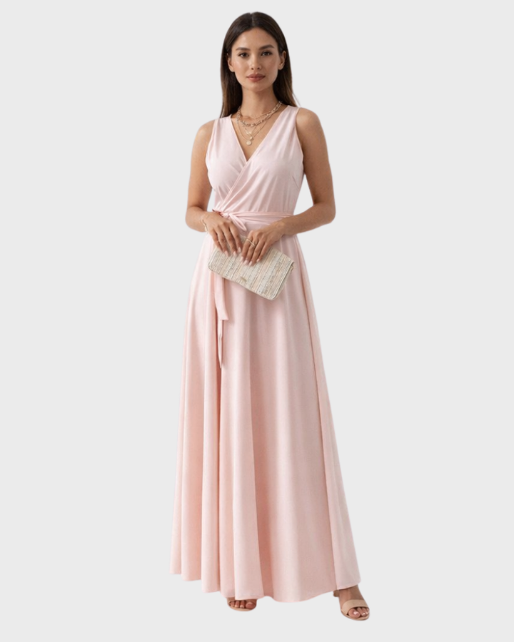 Peaches Damen Maxikleid Elegant – Kleid mit V-Ausschnitt und Gürtel mit Taillengürtel