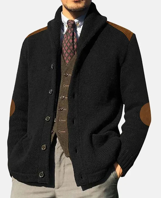 Monie Cardigan Uomo Classico – Maglia Elegante con Collo a Scialle e Dettagli in Suède